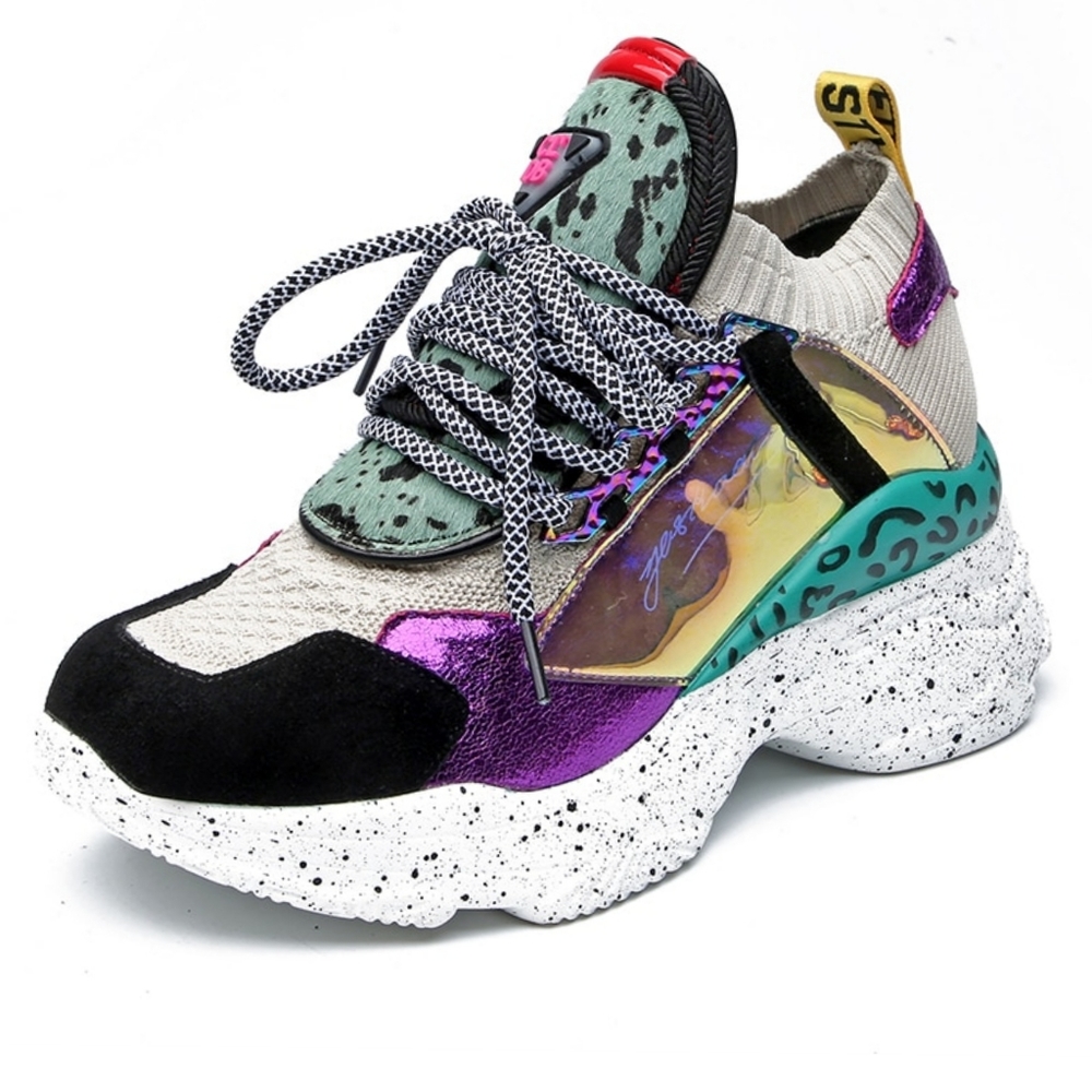Multicolor Holographic Chunky Platform Sneaker Sock Top|Animal Fur Print